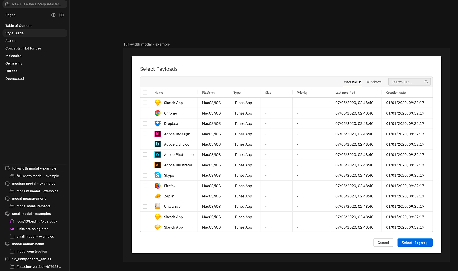 Component library example — modal component in Figma