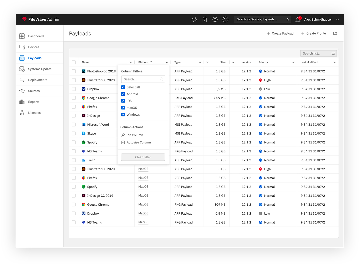 FileWave Workspaces — Payloads product UI